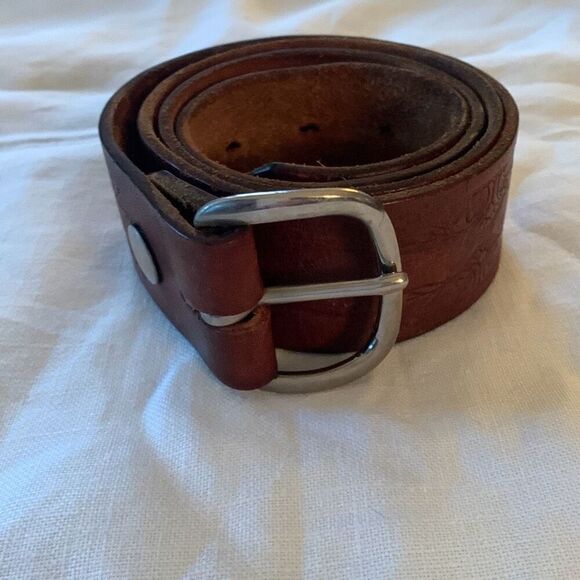 Vintage Hand Tooled Brown Leather Belt Size Large Full Grain Cowhide USA No Loop - Picture 2 of 13